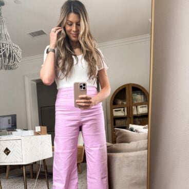 Corrine wearing ruffled crop wide leg pants