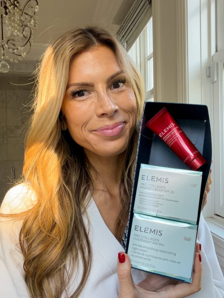 Corrine holding Elemis gift set 2